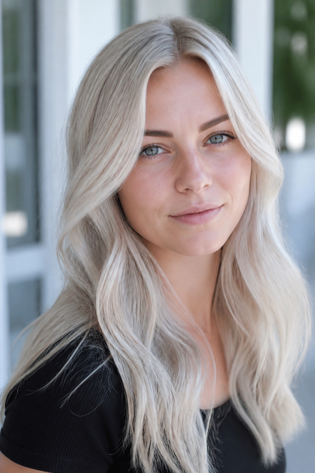 Close-up portrait of a woman with Nordic blonde hair against a bright clean background