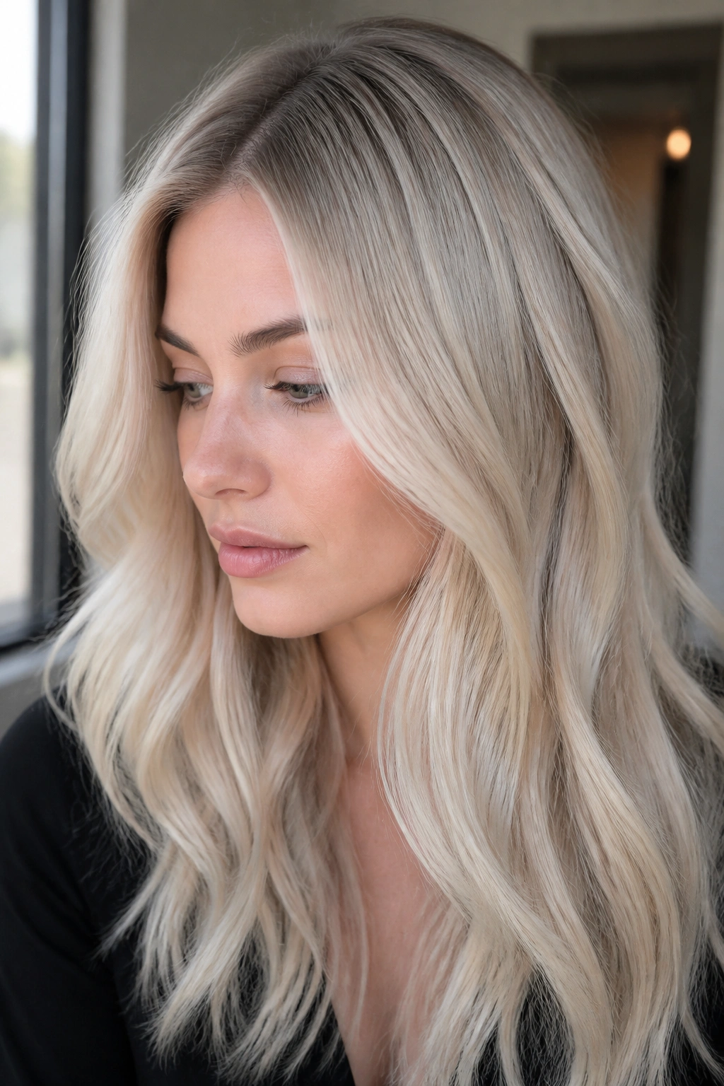 Close-up of a real person with Nordic blonde hair and a soft root melt in natural light