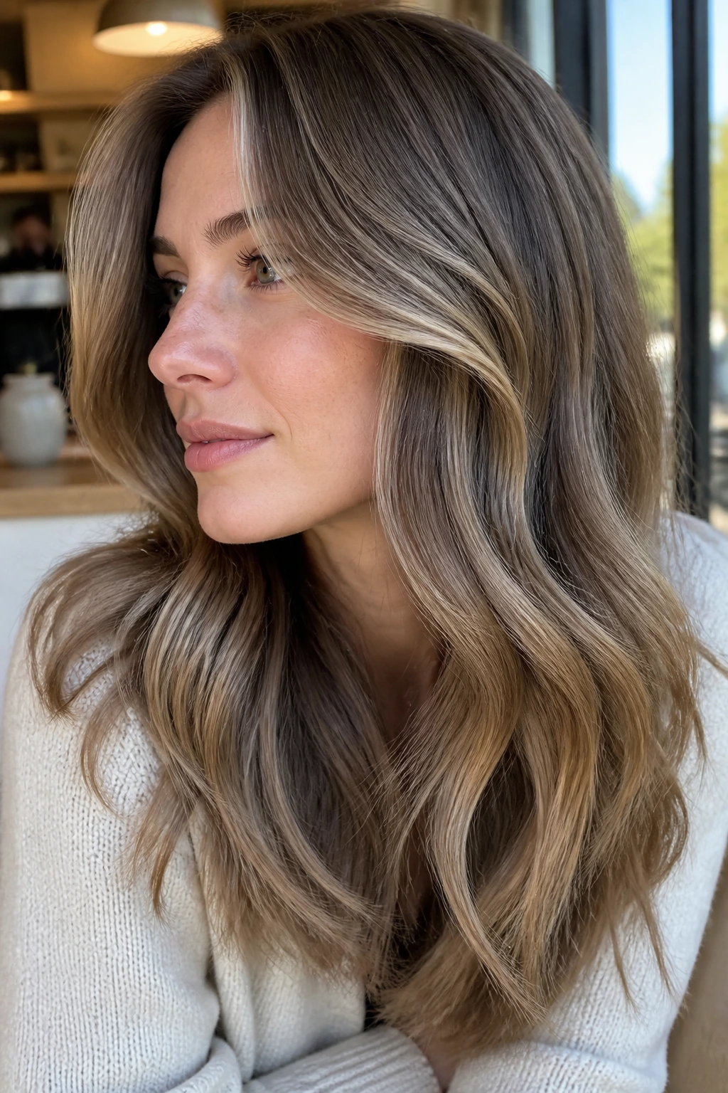 Close-up of a real woman with Nordic Mocha Bronde hair in cafe daylight