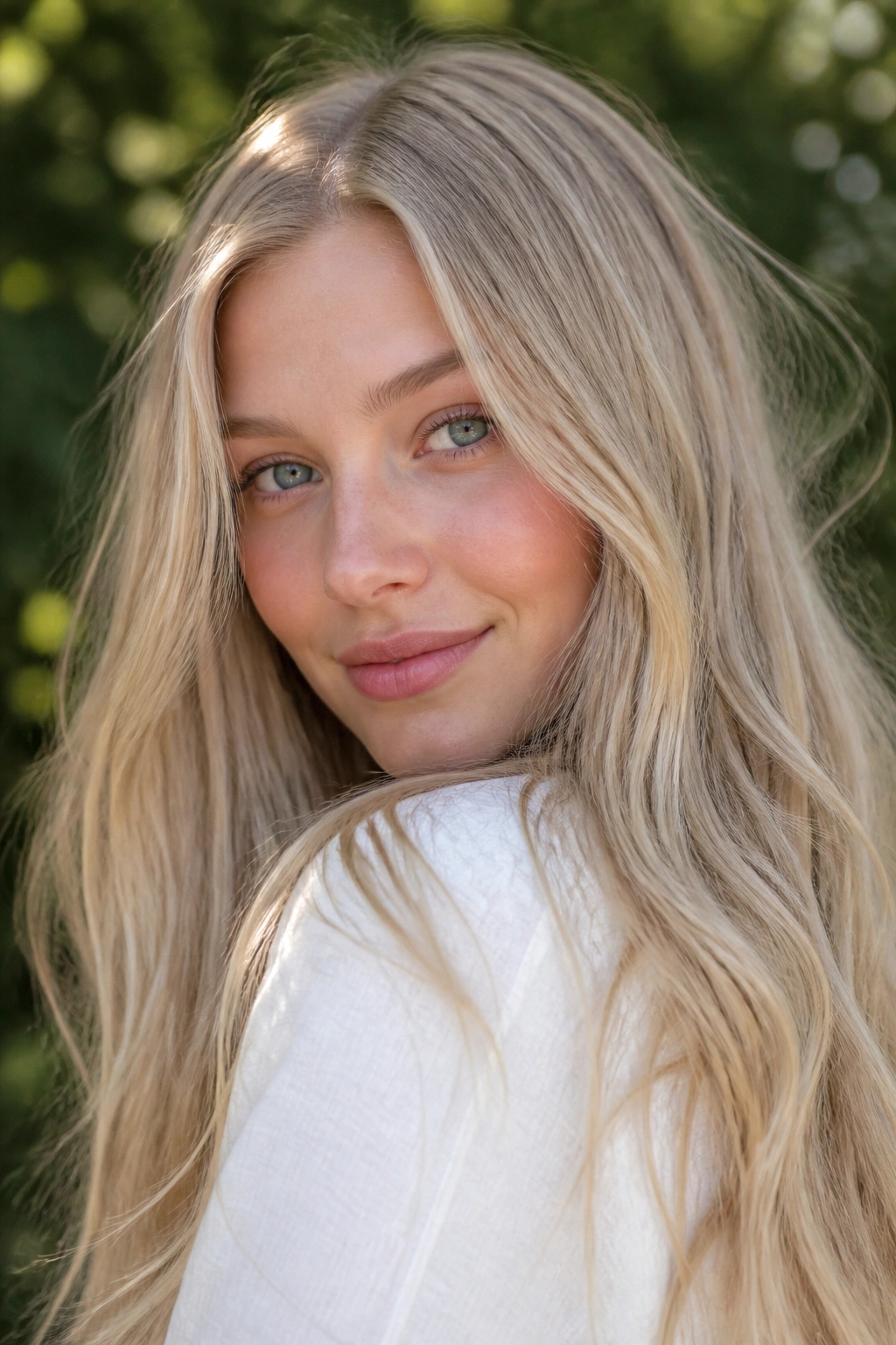 Close-up of a real person with Nordic pale sandy blonde hair in natural daylight