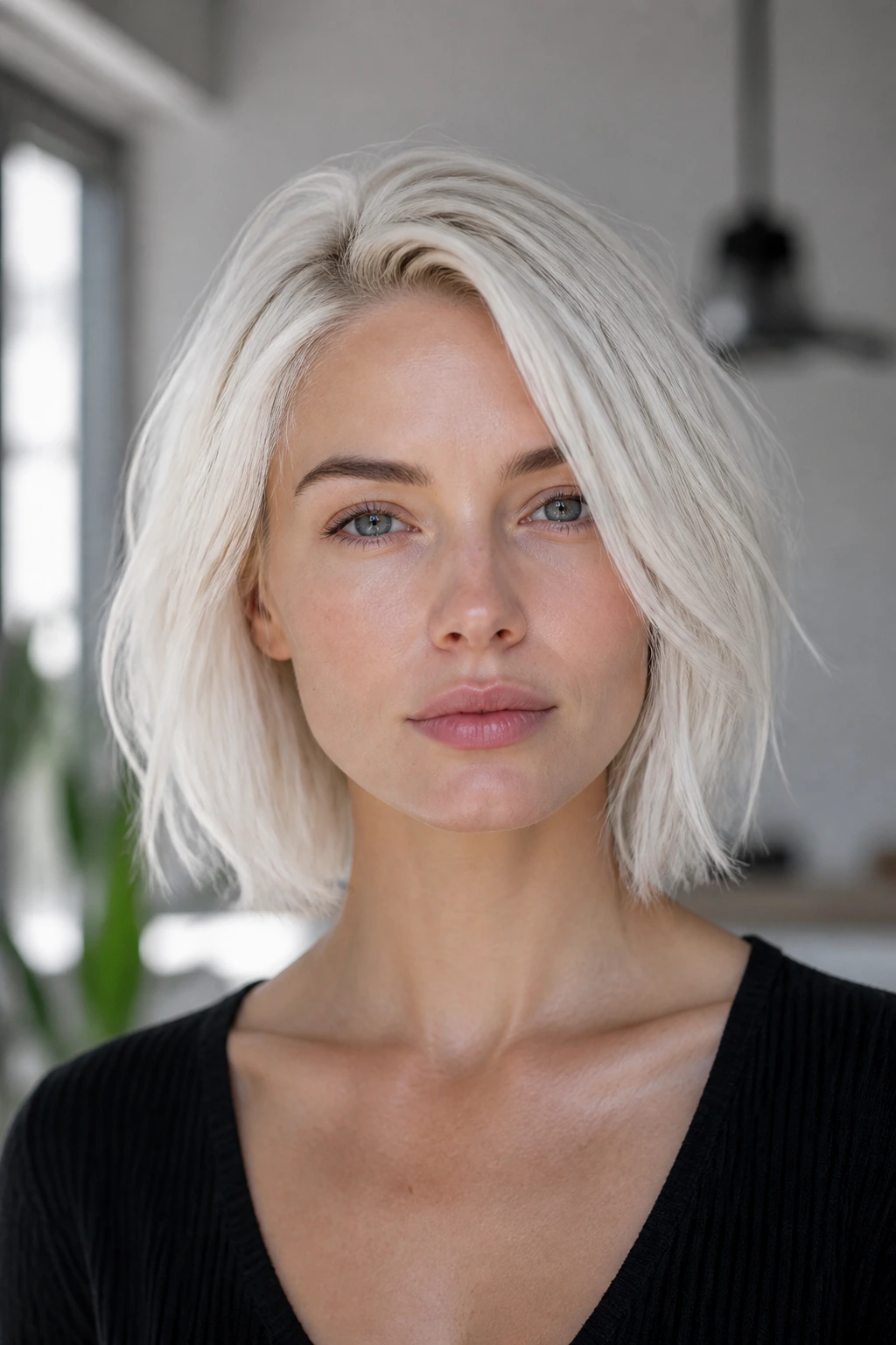 Close-up portrait of a real person with Nordic white blonde hair.