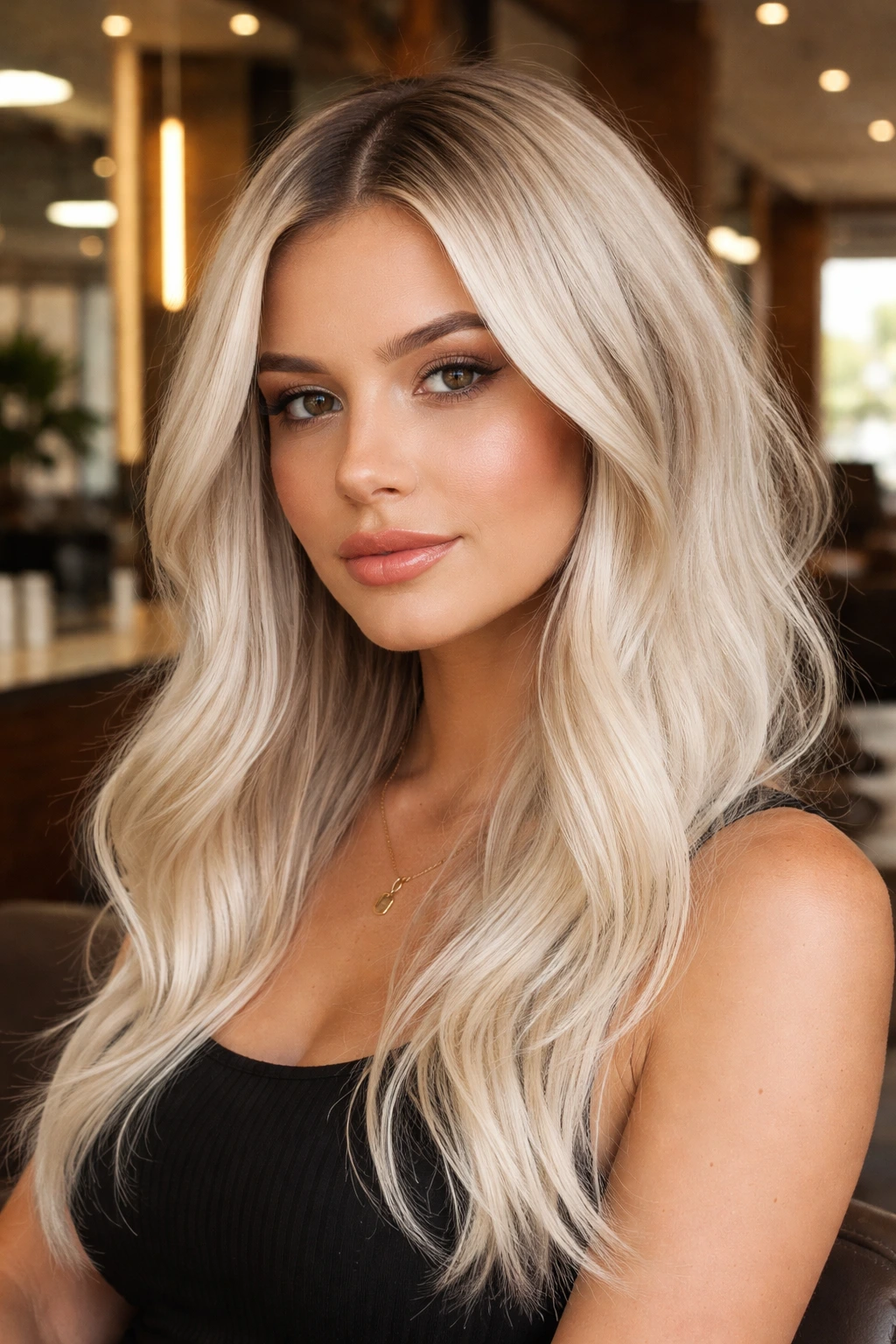 Close-up portrait of a real woman with Nordic white blonde hair and a darker root face frame.