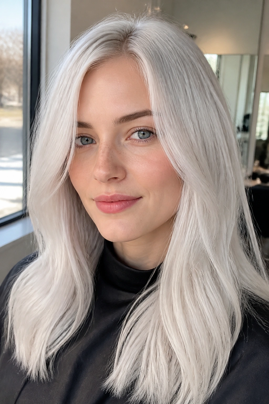 Close-up portrait of a real woman with Nordic White Blonde hair in natural salon light