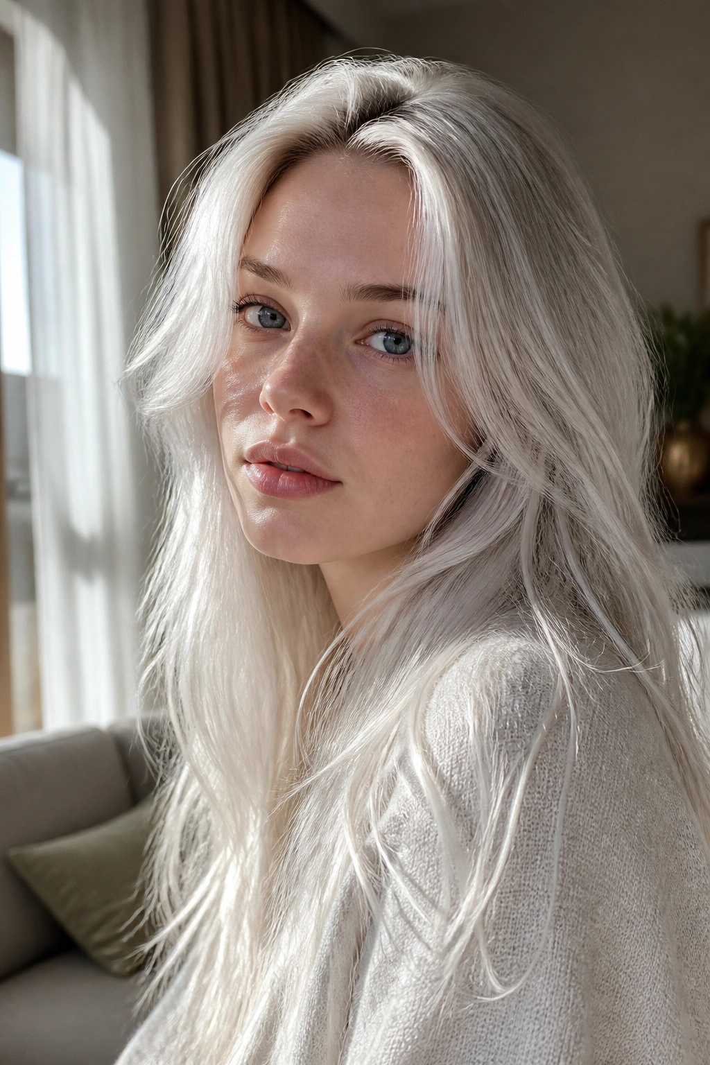 Close-up portrait of a real woman with Nordic White Gray Blonde hair in natural light.