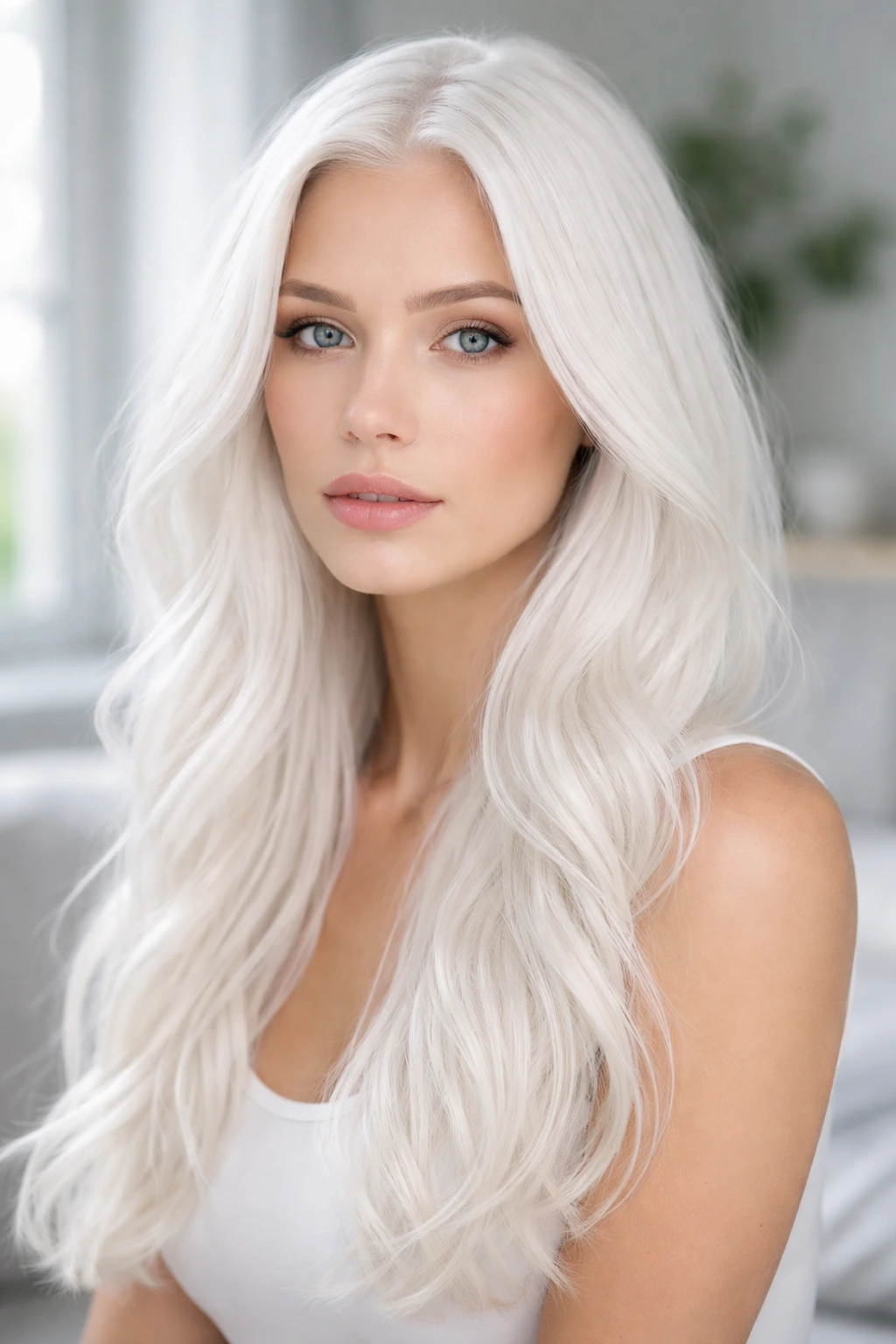 Close-up portrait of a real woman with pure Nordic white hair in daylight