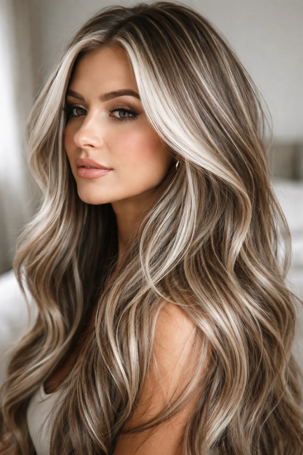 Close-up of a real woman with Nordic white highlights on light brown hair