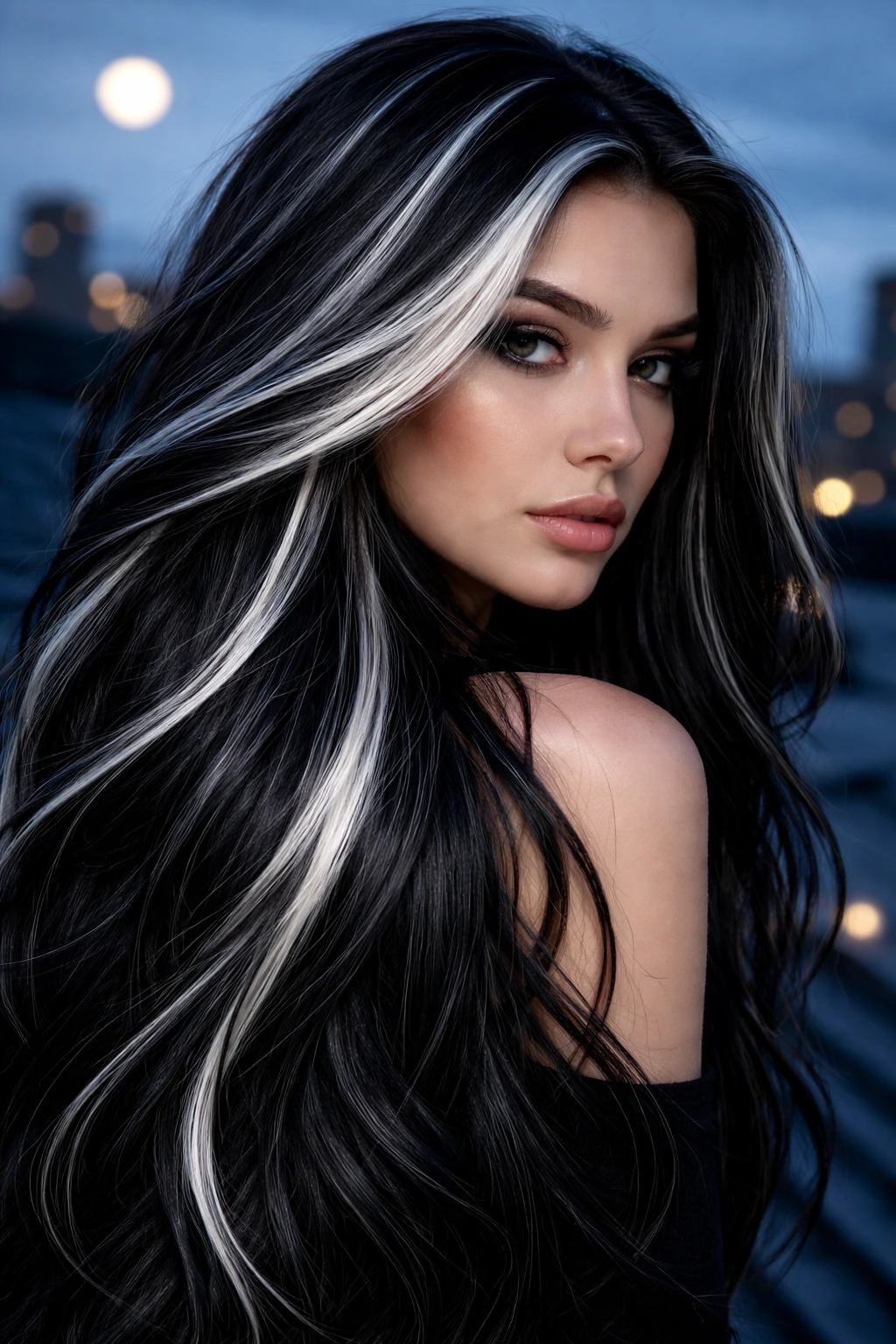 Close-up of a woman with Nordic White strands in black hair at night