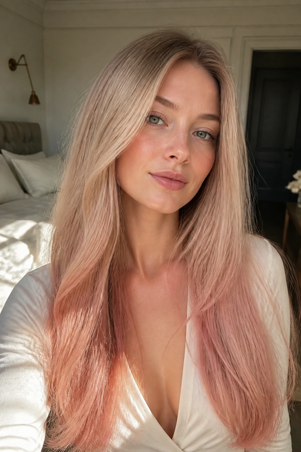 Hair gradient from nude blonde to blush-tinted strawberry ends on a real person.