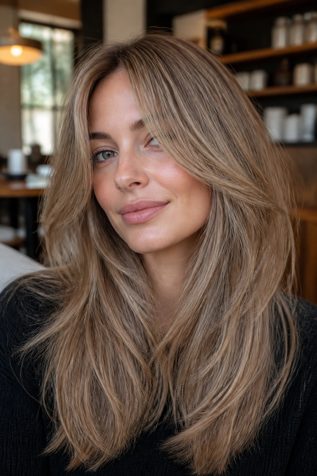 Real woman with oat beige layered hair, soft cool beige with movement.