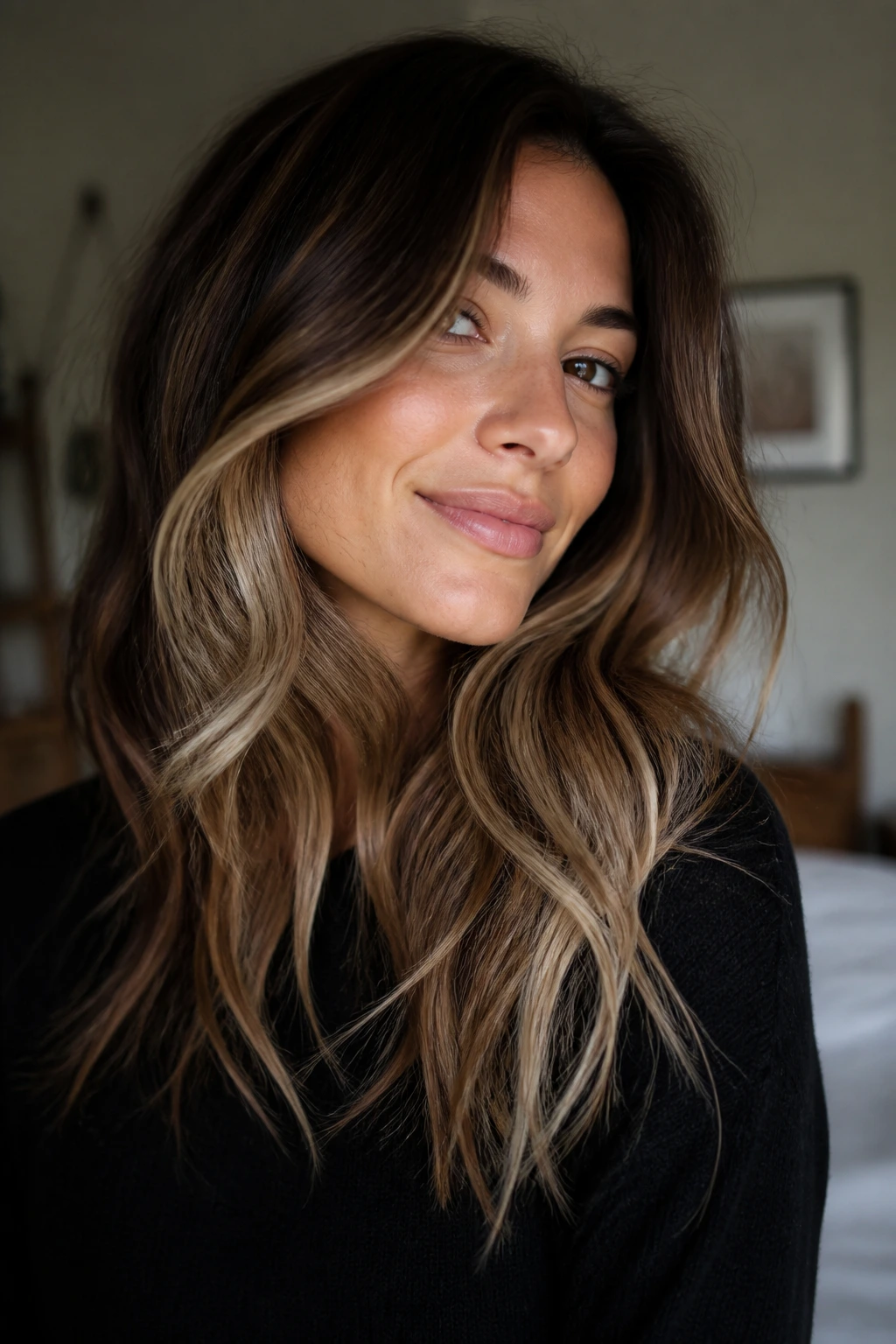 Hidden oatmeal blonde underlayers peeking beneath brunette top