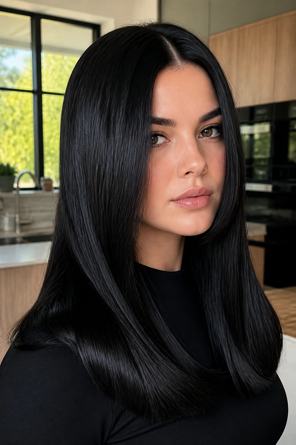 Real woman with obsidian black hair and a high-gloss finish.