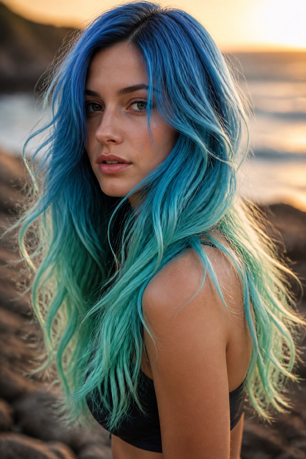 Portrait of a real person with ocean blue ombre and seafoam tips on long hair at the beach
