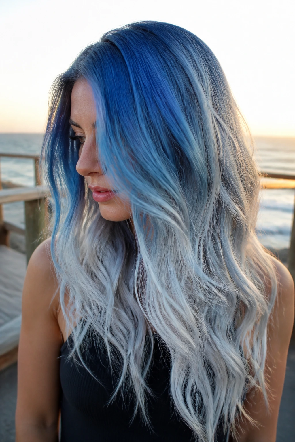 Real woman with ocean foam blue-white ombre on textured long hair
