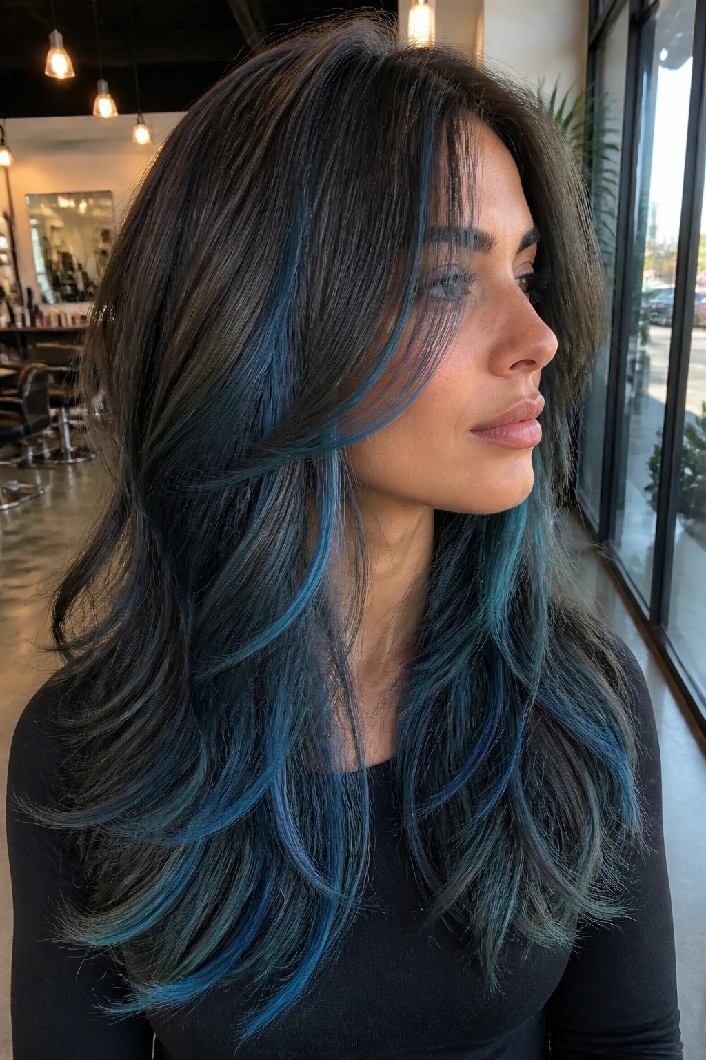 Real person with layered brunette hair featuring ocean-glass balayage in natural light