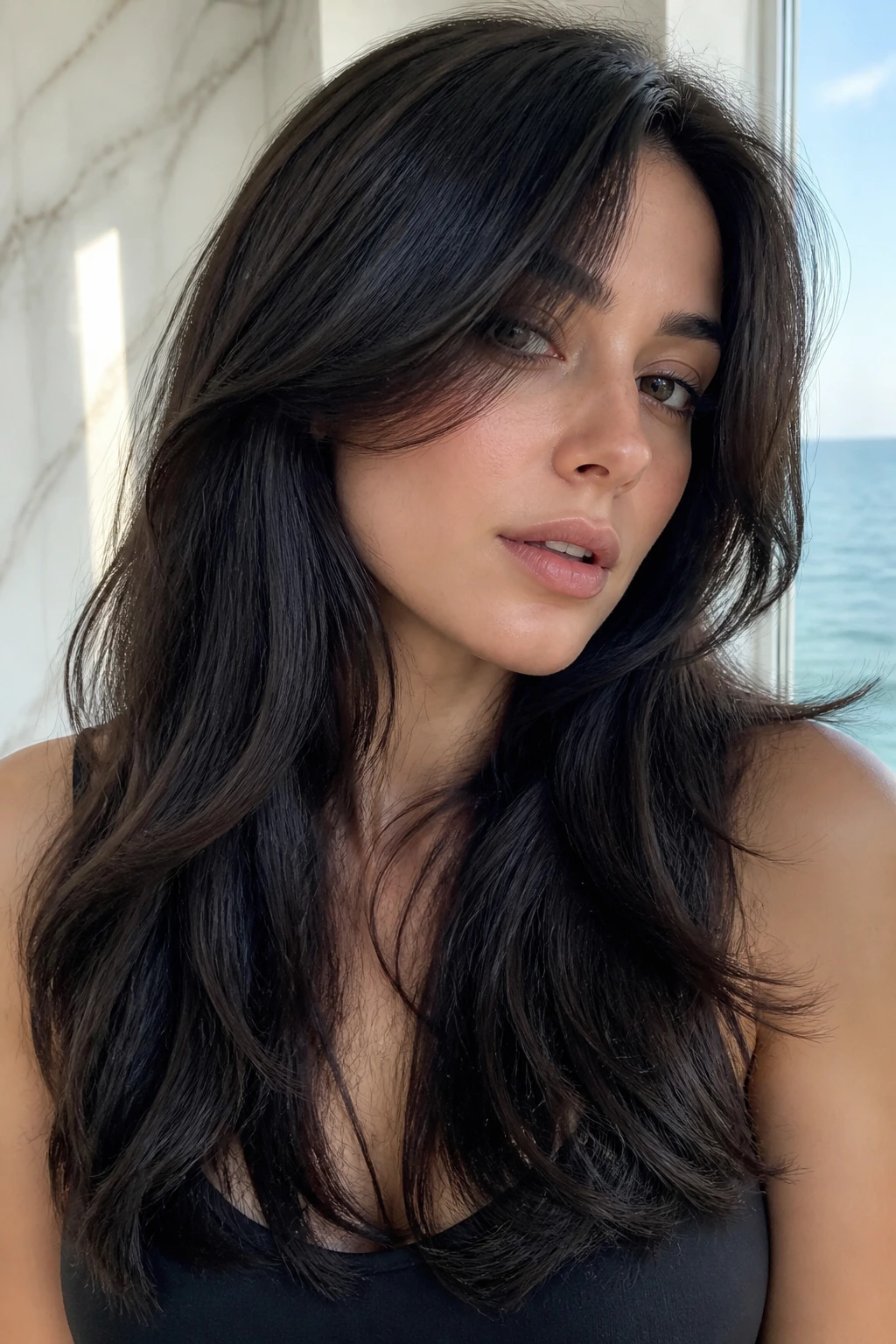 Close-up of brunette hair with ocean-glass blue-brown glaze.
