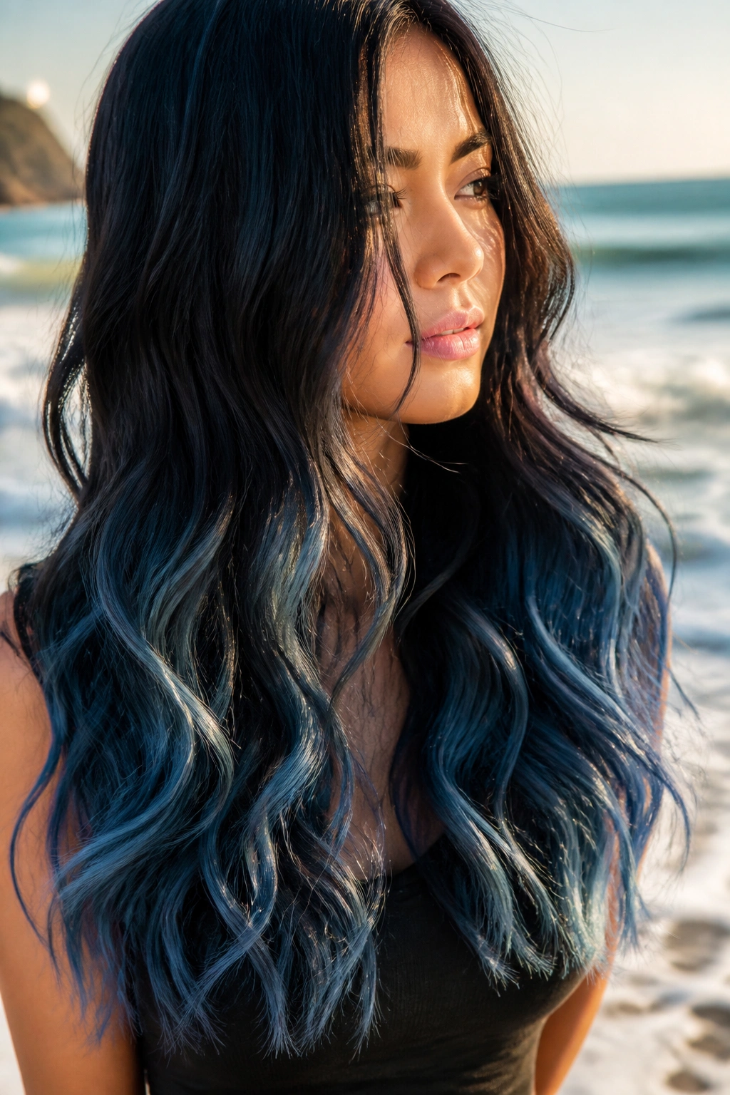 Close-up of long black-to-blue ombre hair in loose beach waves on a sunlit beach.