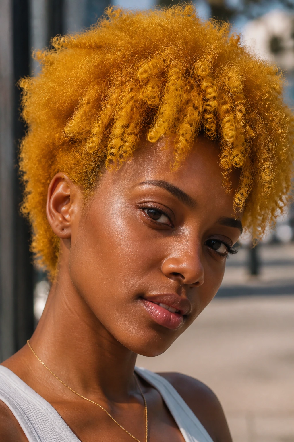 Close-up portrait of a real person with bold ochre mustard hair in outdoor light.