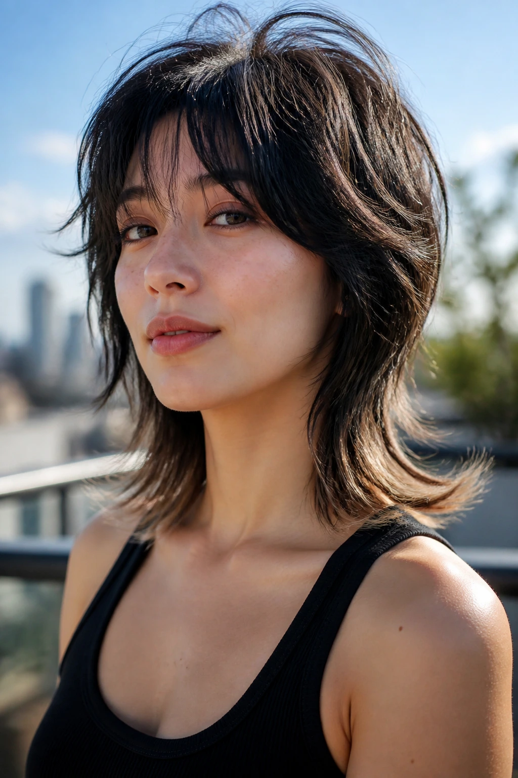 Close-up portrait of a real woman with an octopus cut featuring flipped ends outdoors
