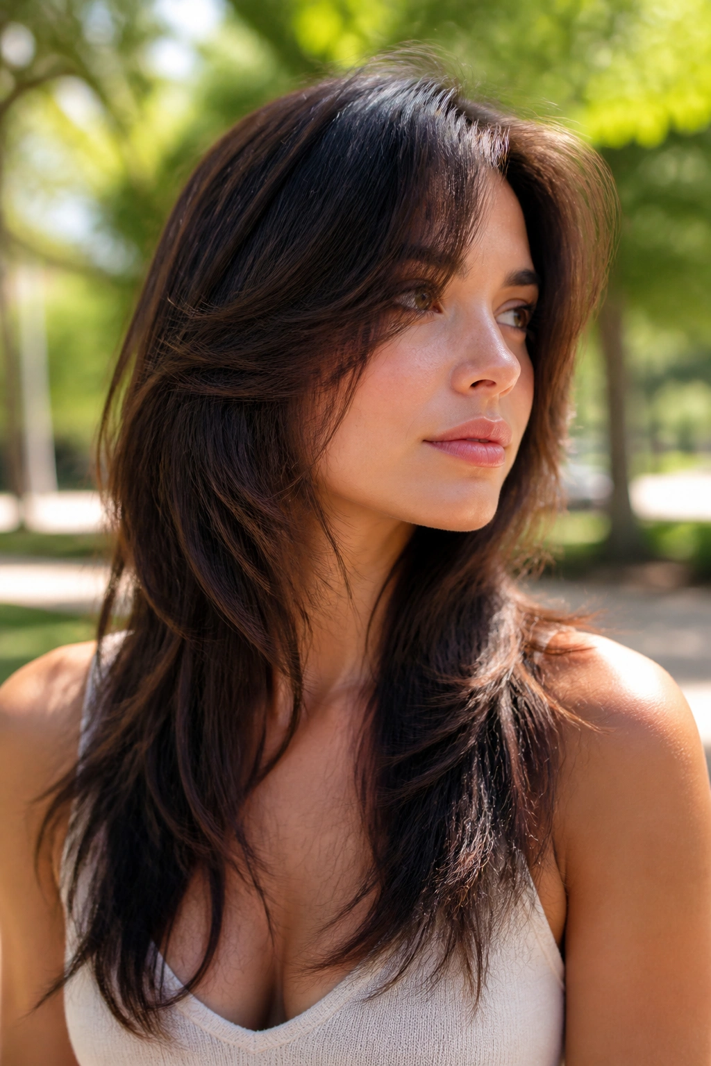 Close-up portrait of a real woman with octopus cut featuring a lifted crown and wispy ends, in natural outdoor light.