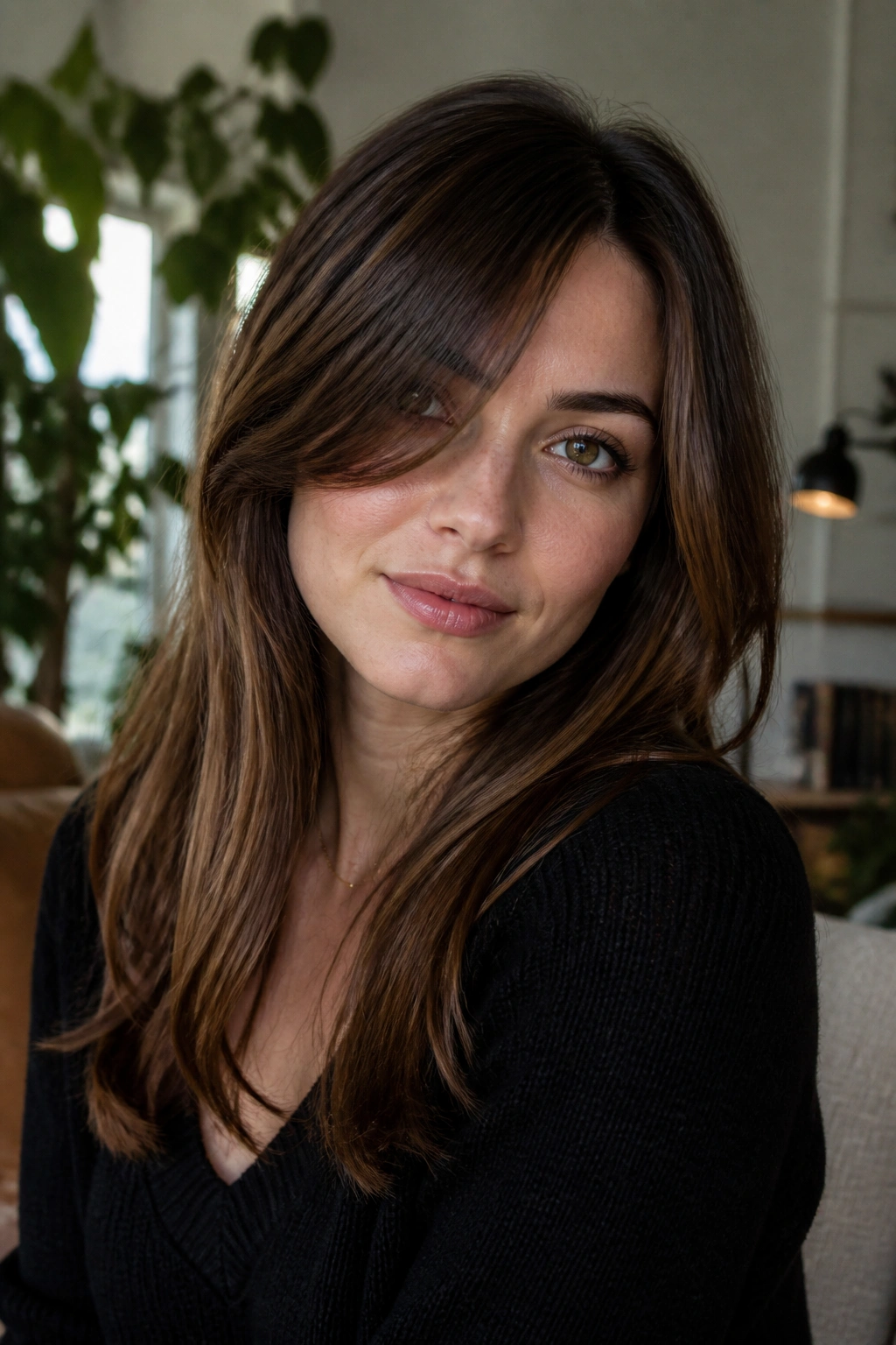 Close-up of a real woman with an off-center part bangs shifting the face