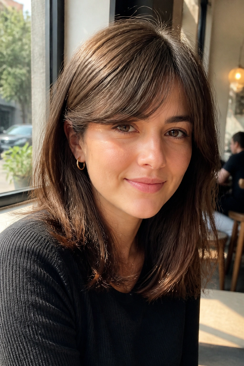 Close-up portrait of a woman with off-center curtain bangs and a soft diagonal fall