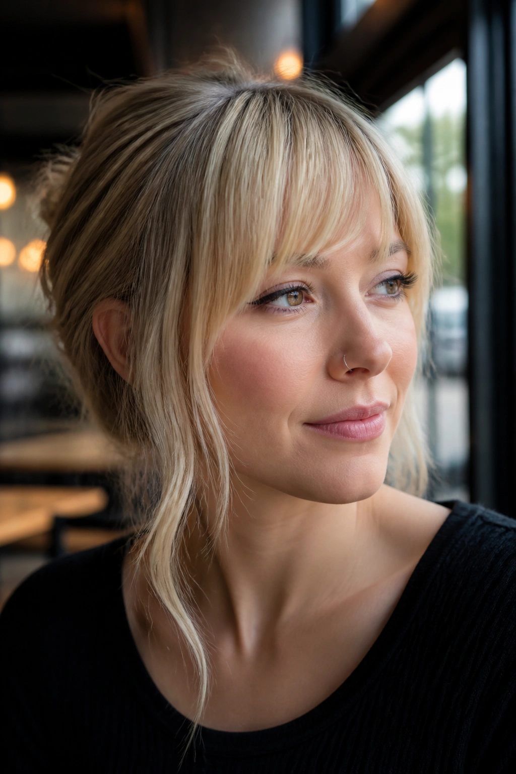 Portrait of a real person with off-center straight bangs and long temple pieces