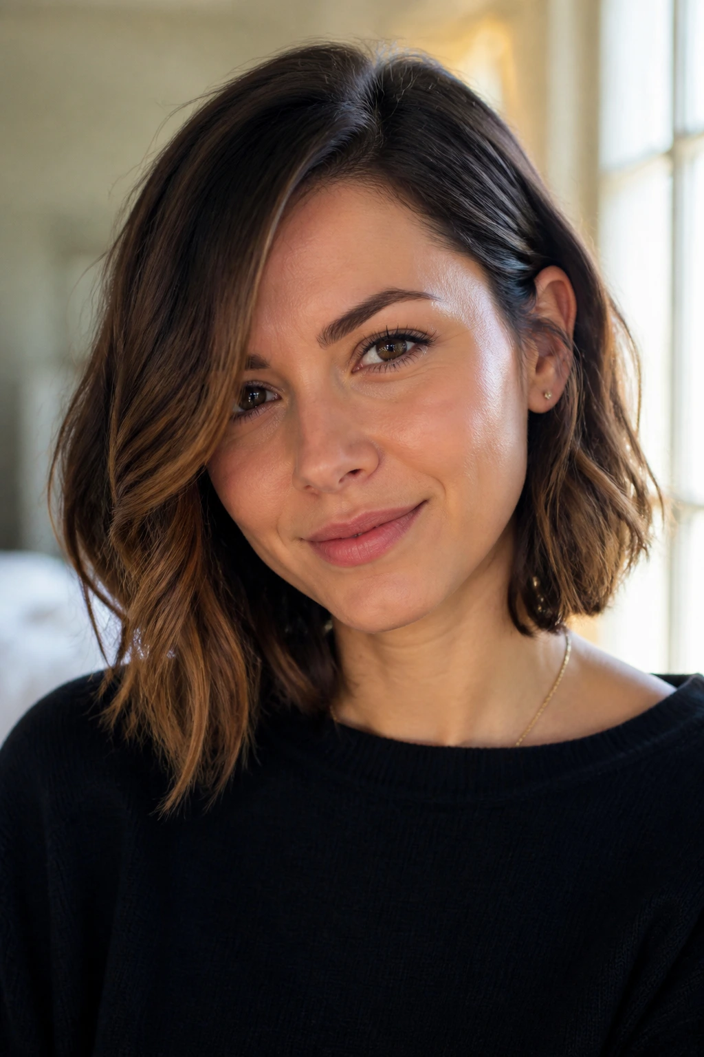 Close-up portrait of a real woman with an off-center part in a collarbone-length bob with a loose bend