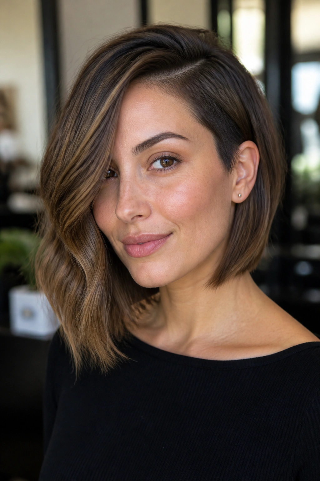 Close-up portrait of a real person with an off-center part and hidden short side in an off-center bob