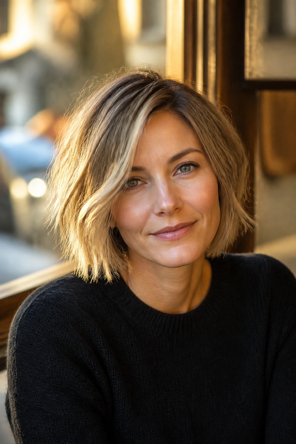 Real woman with off-center part bob and light face framing