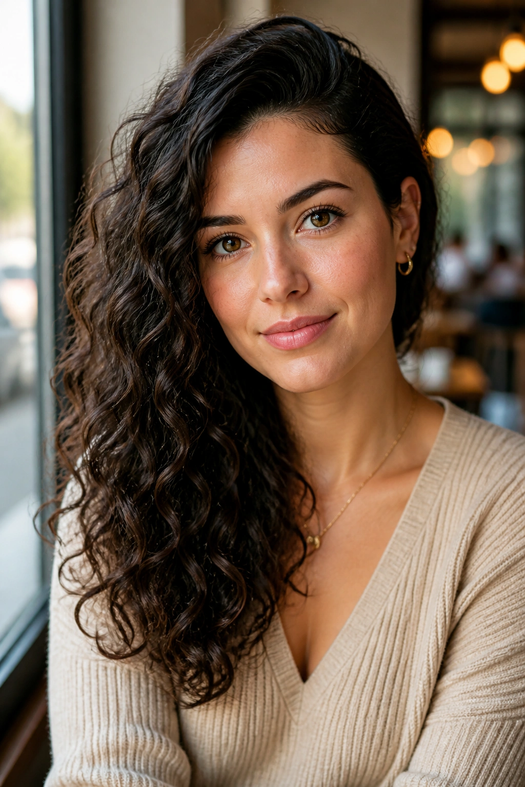 Portrait of a real woman with off-center curls and one-side volume, in a cafe window setting.