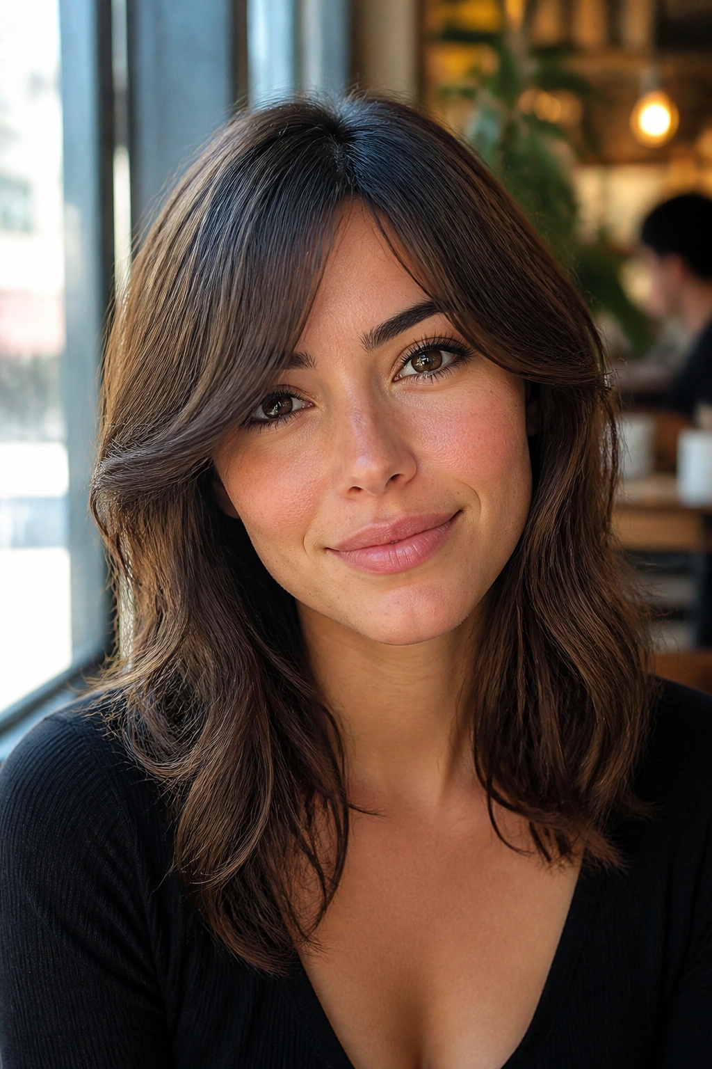 Portrait of a woman with slight off-center curtain bangs