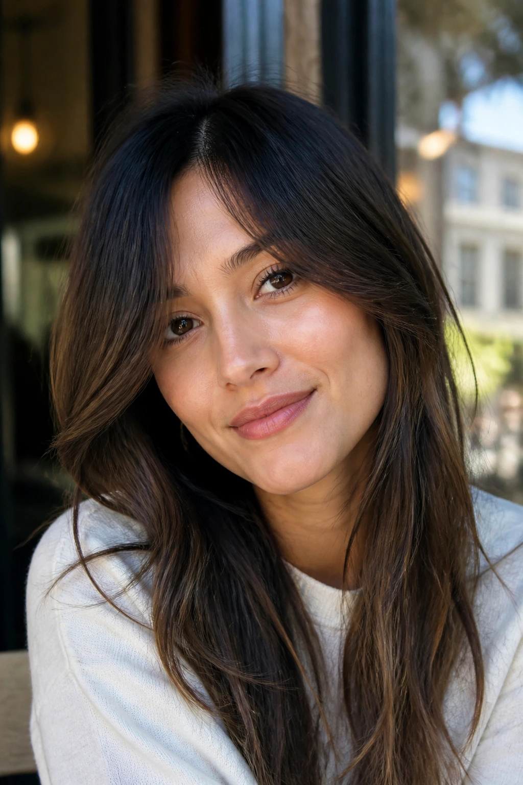 Close-up of a real woman with off-center curtain bangs outdoors