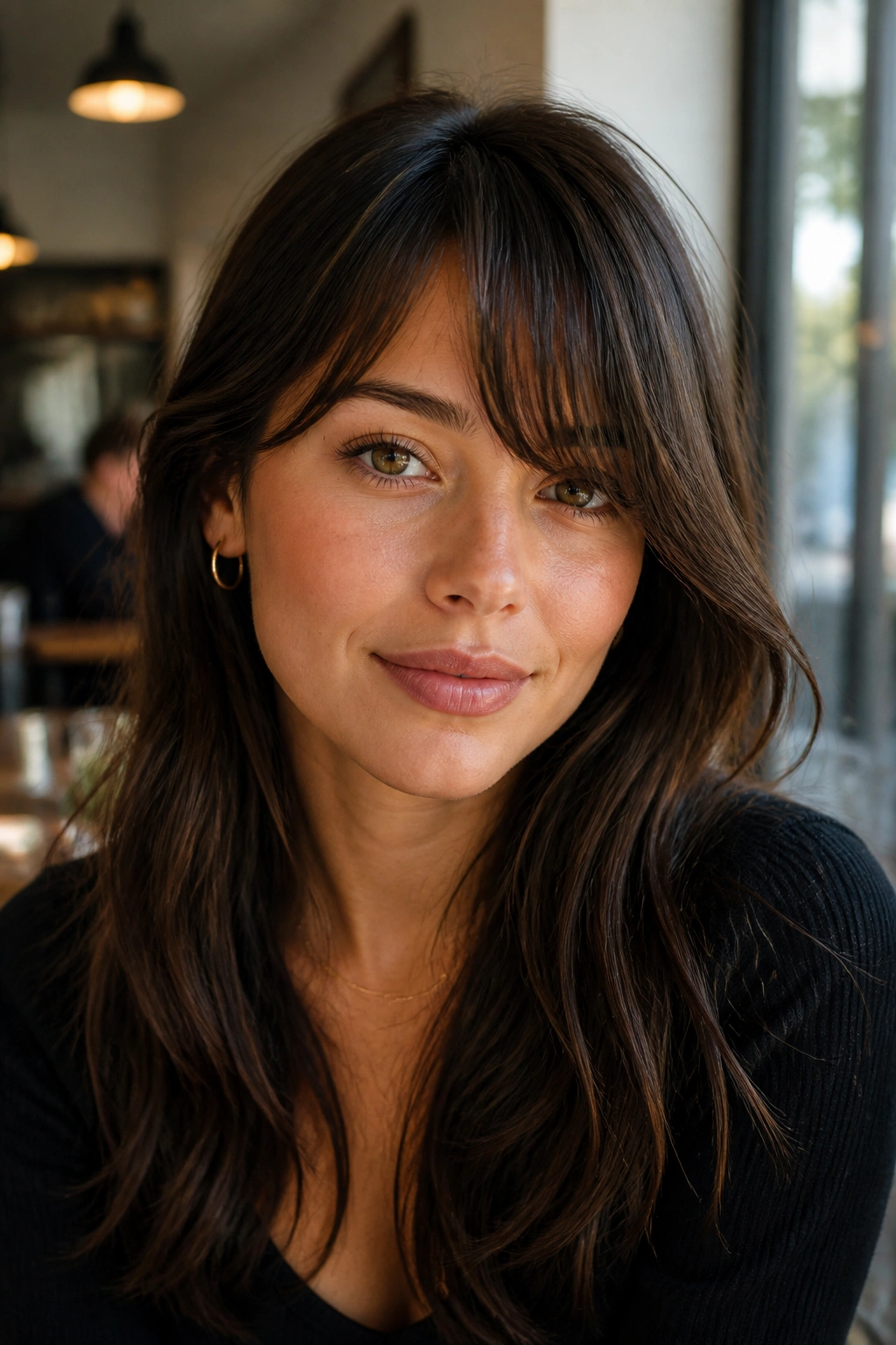 Portrait of a woman with off-center curtain bangs framing a round face.