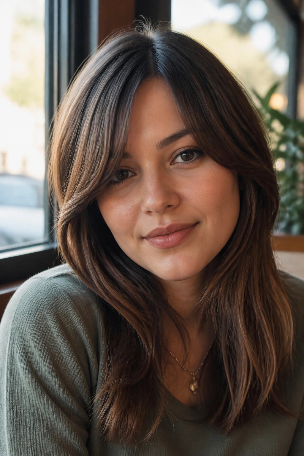 Close-up of a real woman with off-center curtain bangs in daylight cafe setting