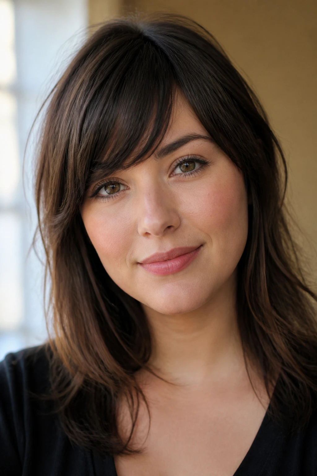 Portrait of a real woman with an off-center fringe breaking up cheek width