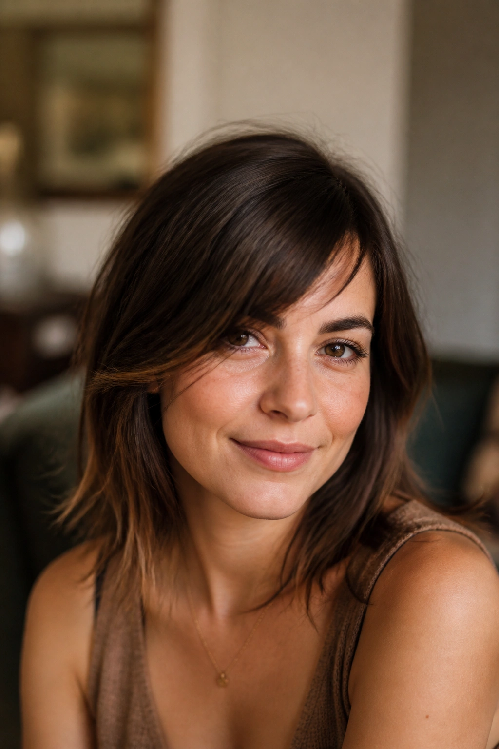 Close-up portrait of a real woman with an off-center fringe