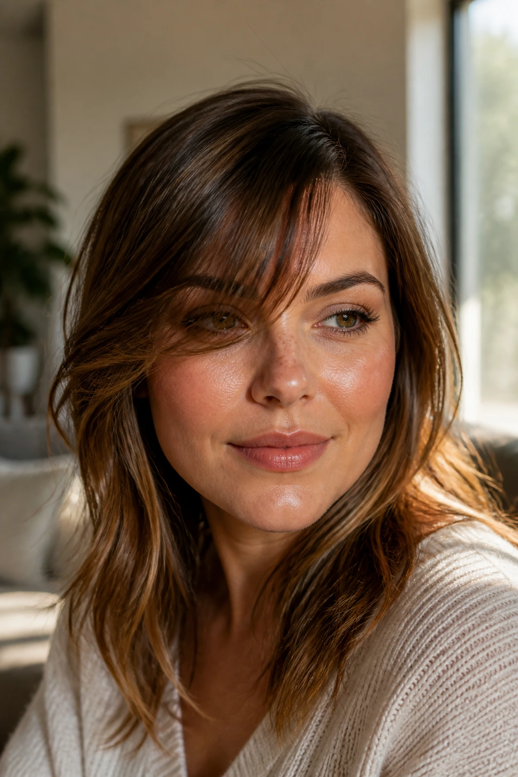 Close-up of a real woman with an off-center part and bendy fringe