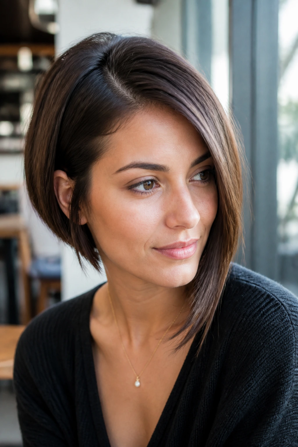 Real woman with off-center part and swept hair showing asymmetry