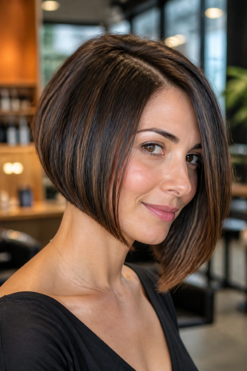 Close-up of a real woman with an off-center part bob highlighting a slanted face line