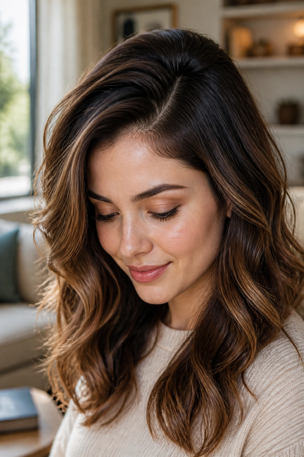 Close-up of a real person with an off-center part and crown lift showing waves