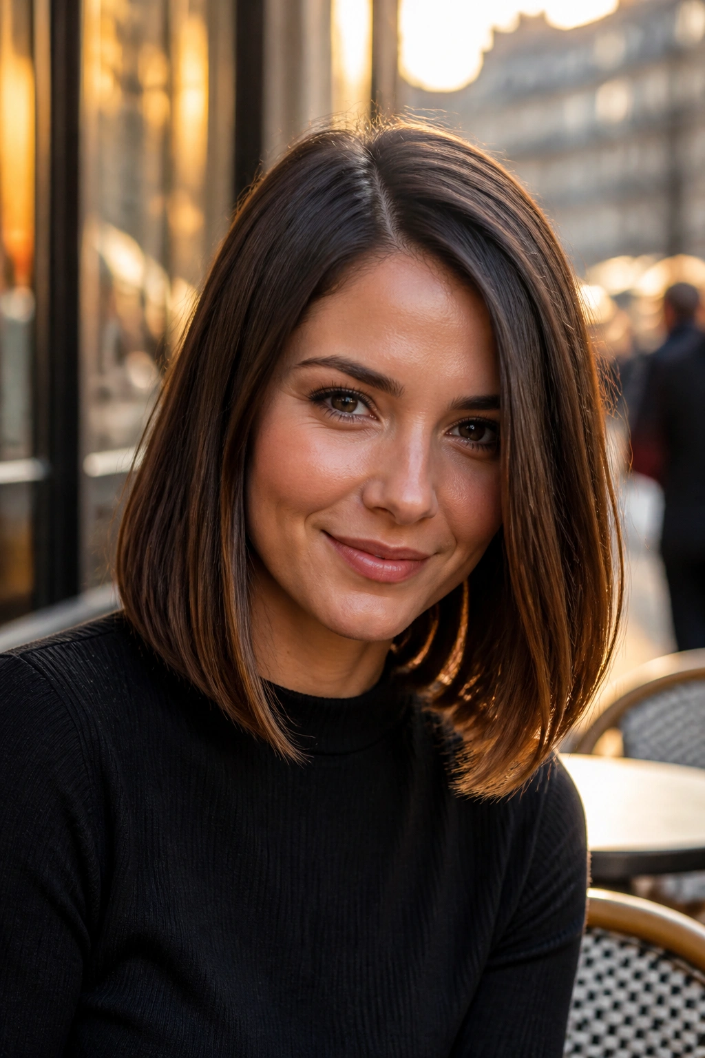 Real woman with off-center part lob showing slight asymmetry