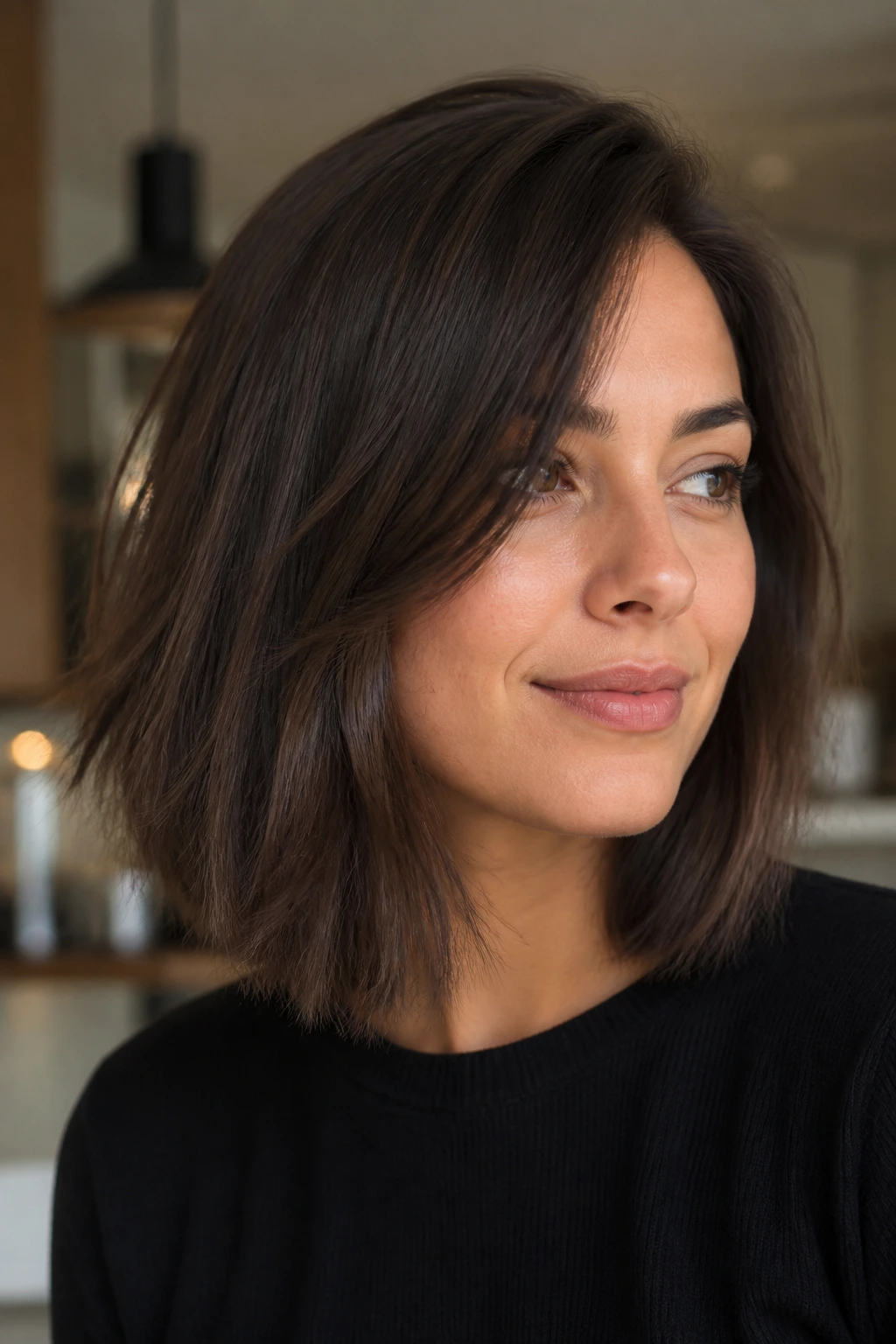 Close-up portrait of a real woman with an off-center part lob and invisible layers in soft indoor light