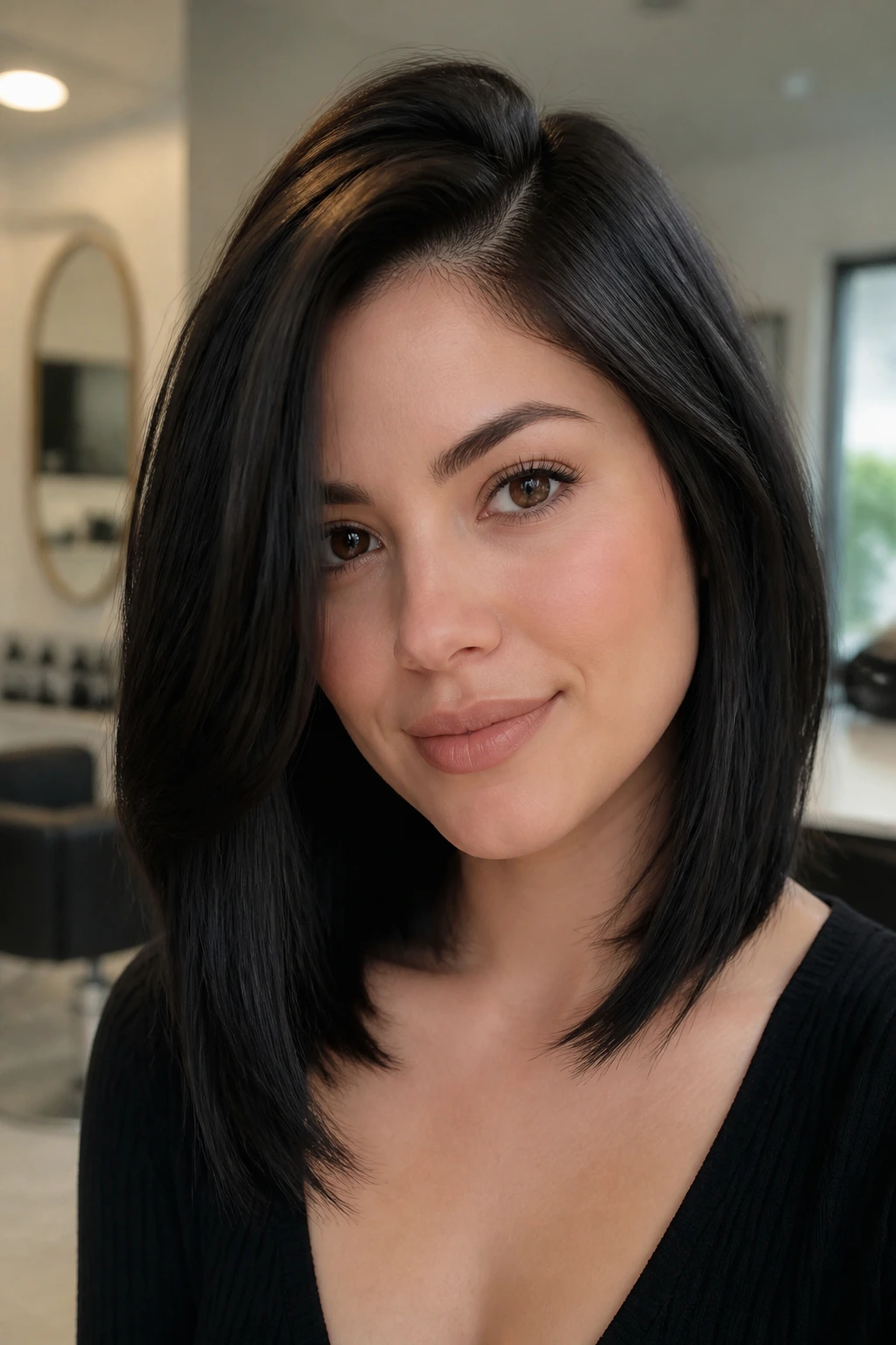 Close-up of a real woman with off-center part lob and soft crown volume in a bright room