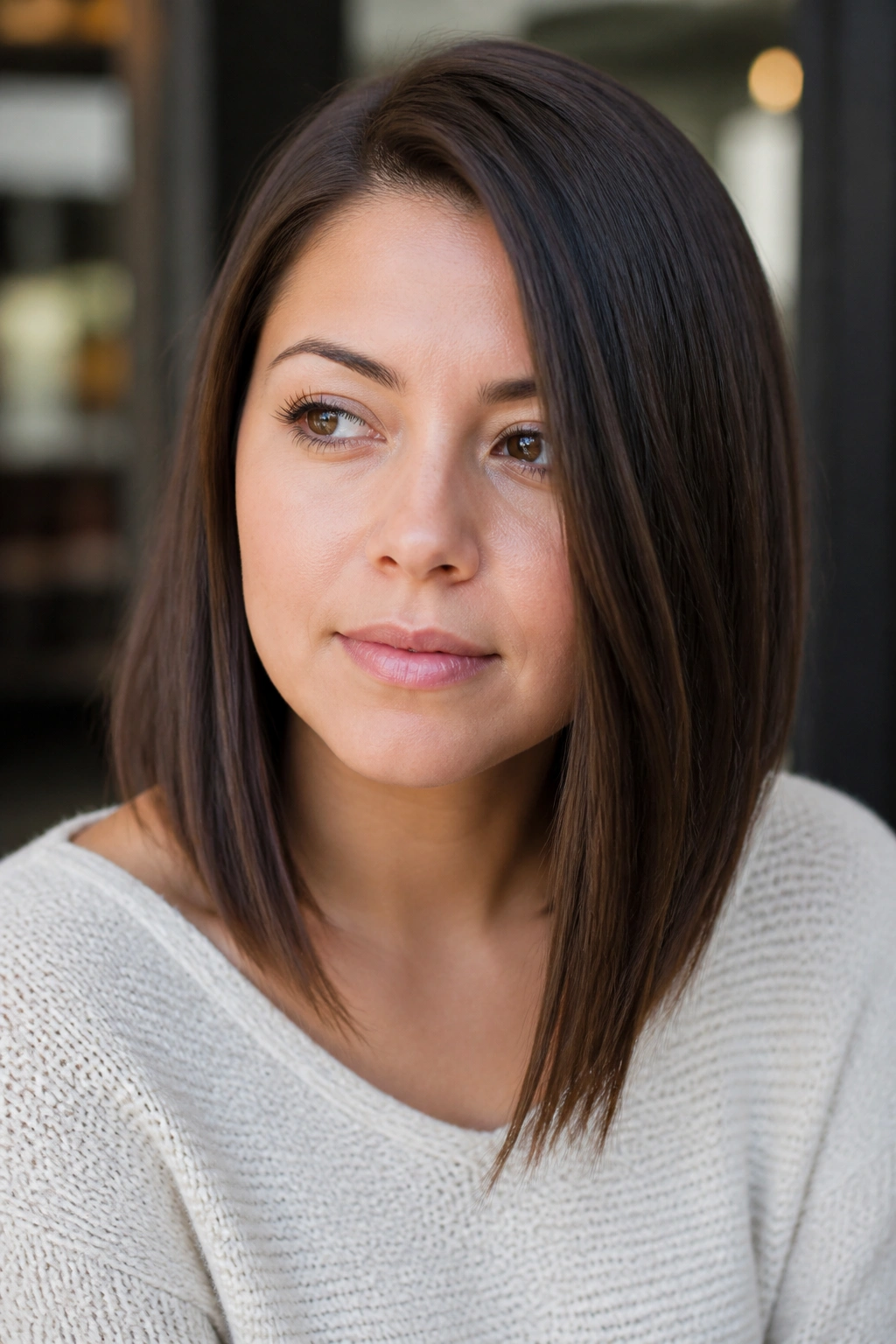 Real woman with off-center part lob and front-heavy length.