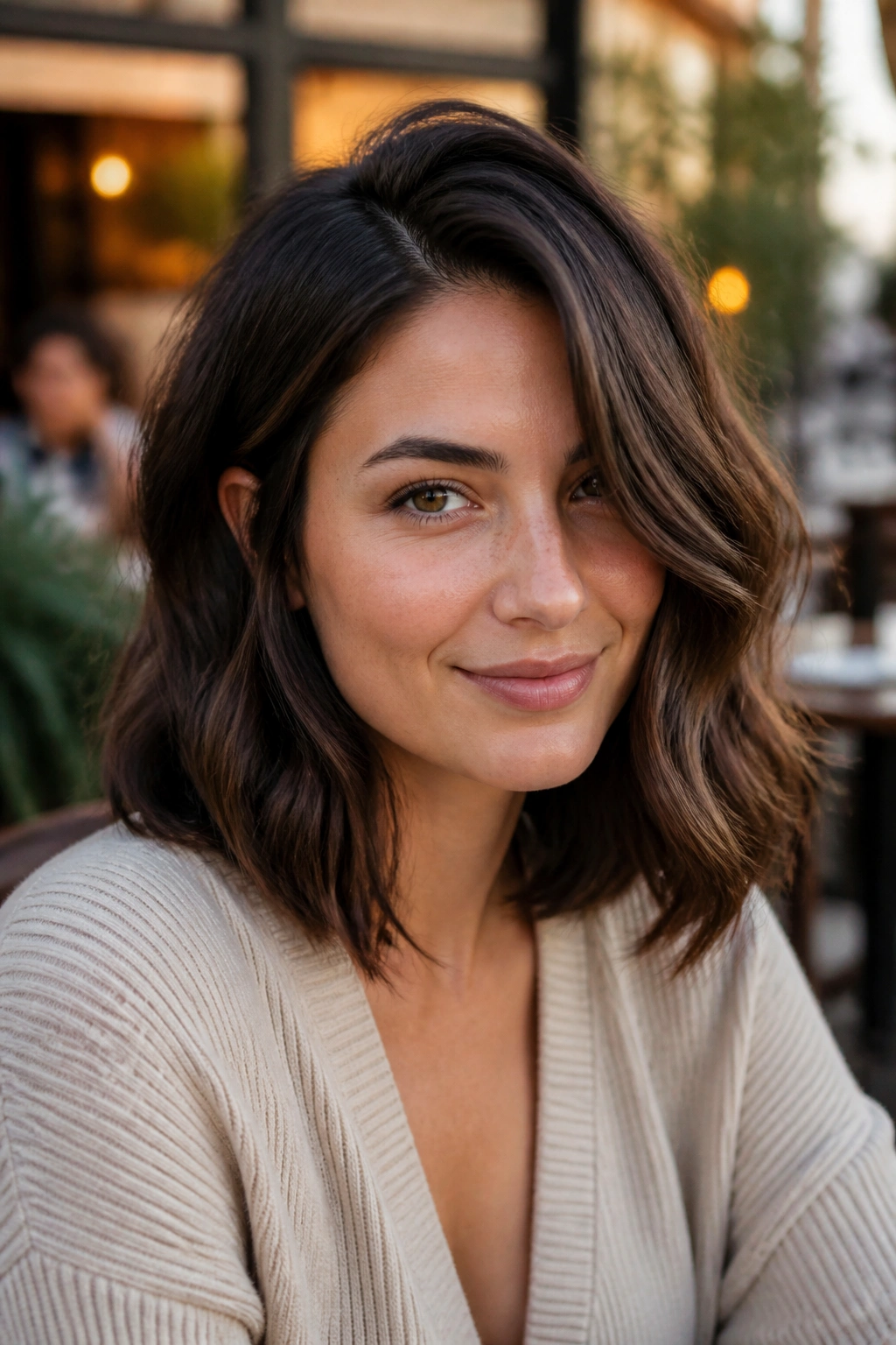 Real woman with off-center part and S-bend waves in outdoor cafe light.