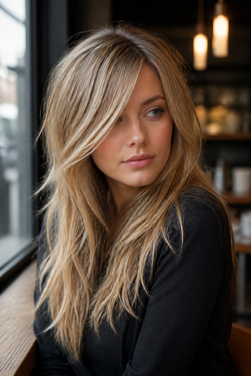 Real person with off-center part shag showcasing diagonal part.