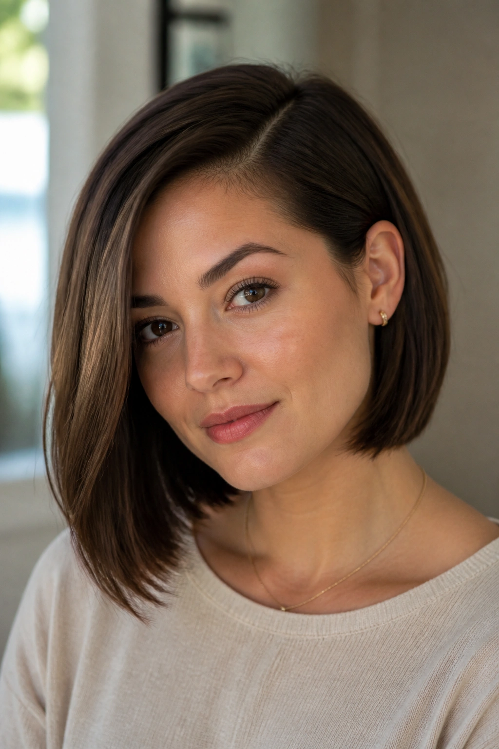 Portrait of a real woman with off-center part and tucked side lob