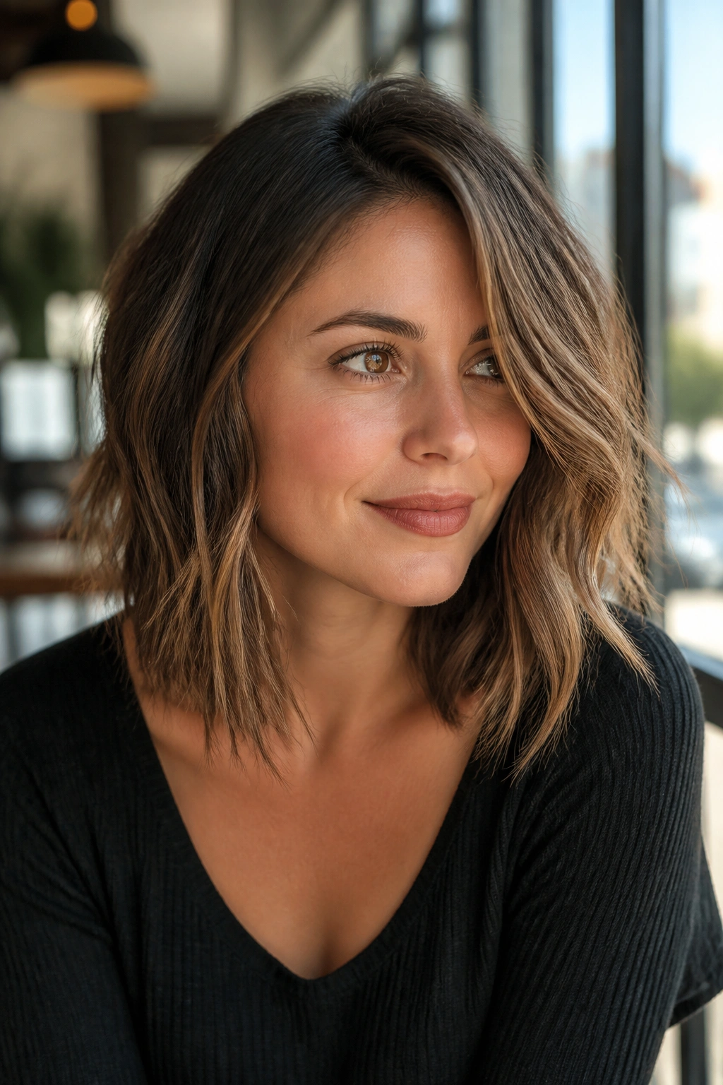 Close-up of a real woman with off-center part and piecey waves in a cafe setting
