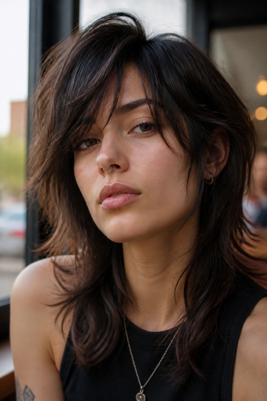 Portrait of a real person with off-center shag wolf cut and long fringe in cafe lighting