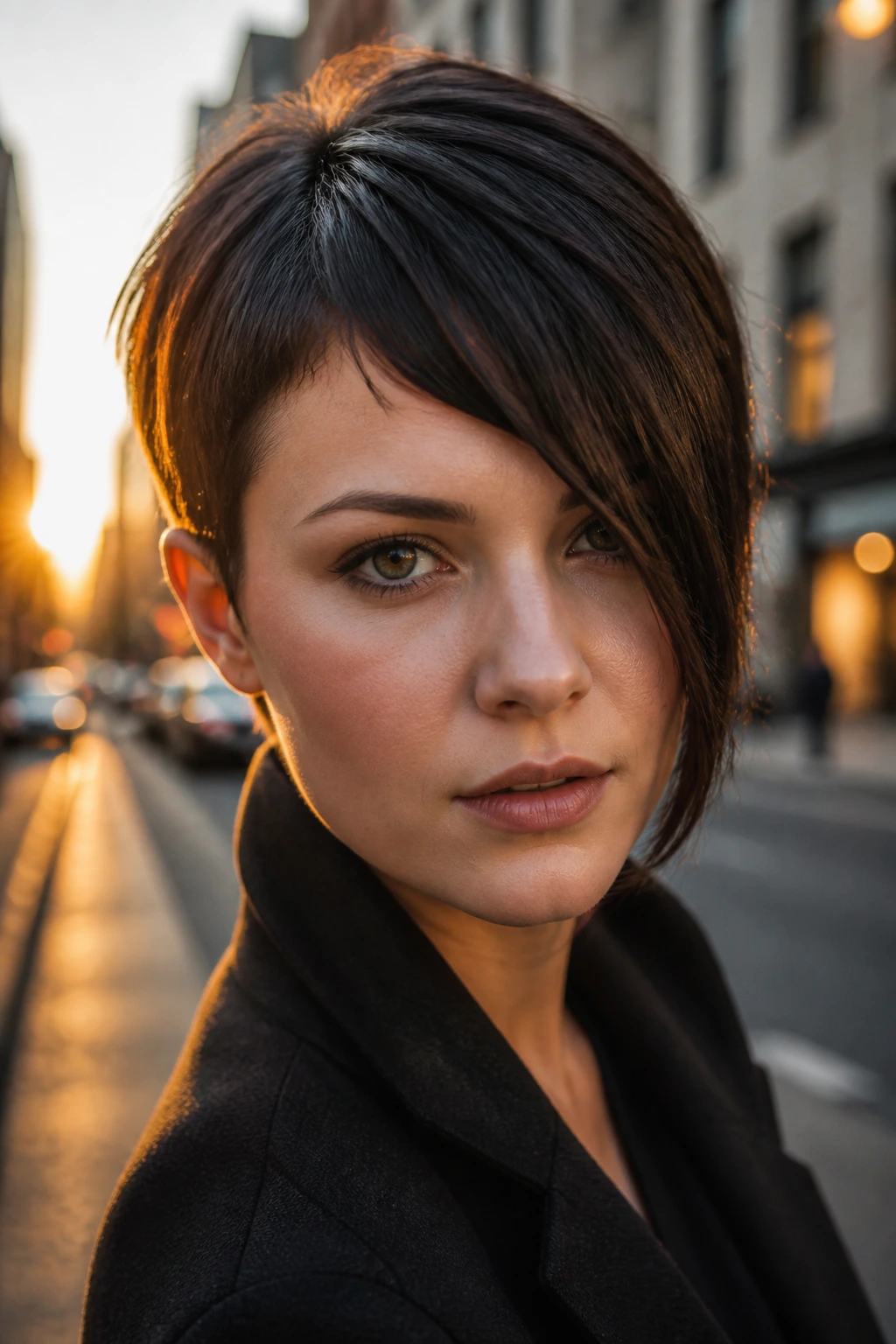 Real person with dramatic off-center split fringe in golden-hour street scene